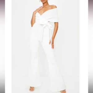 White Bardot Flared Leg Bonded Scuba Jumpsuit